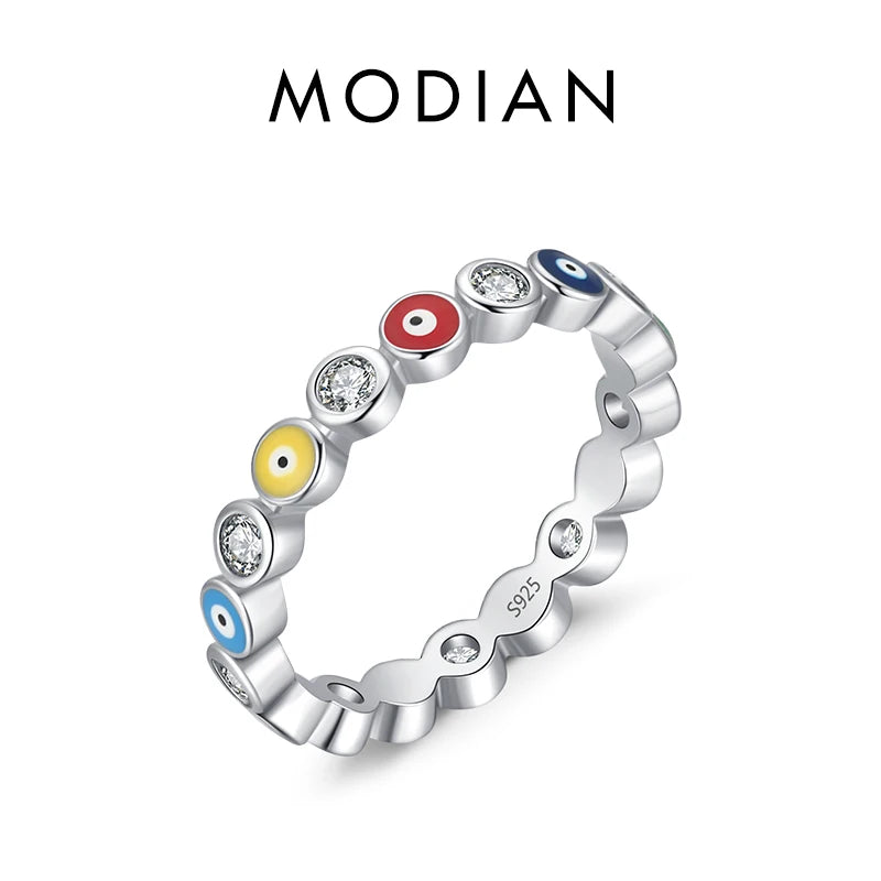 Anillos de dedo MODIAN de plata de ley 925 con delicados ojos esmaltados de color arcoíris y apilables para mujer, joyería de moda con circonita cúbica transparente brillante.