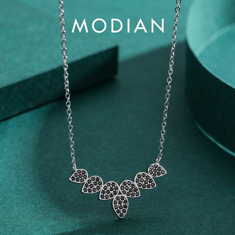 Collar con colgante de hojas de árbol y trigo de plata de ley 925 auténtica de MODIAN para mujer, joyería fina con circonita negra, accesorios de regalo.
