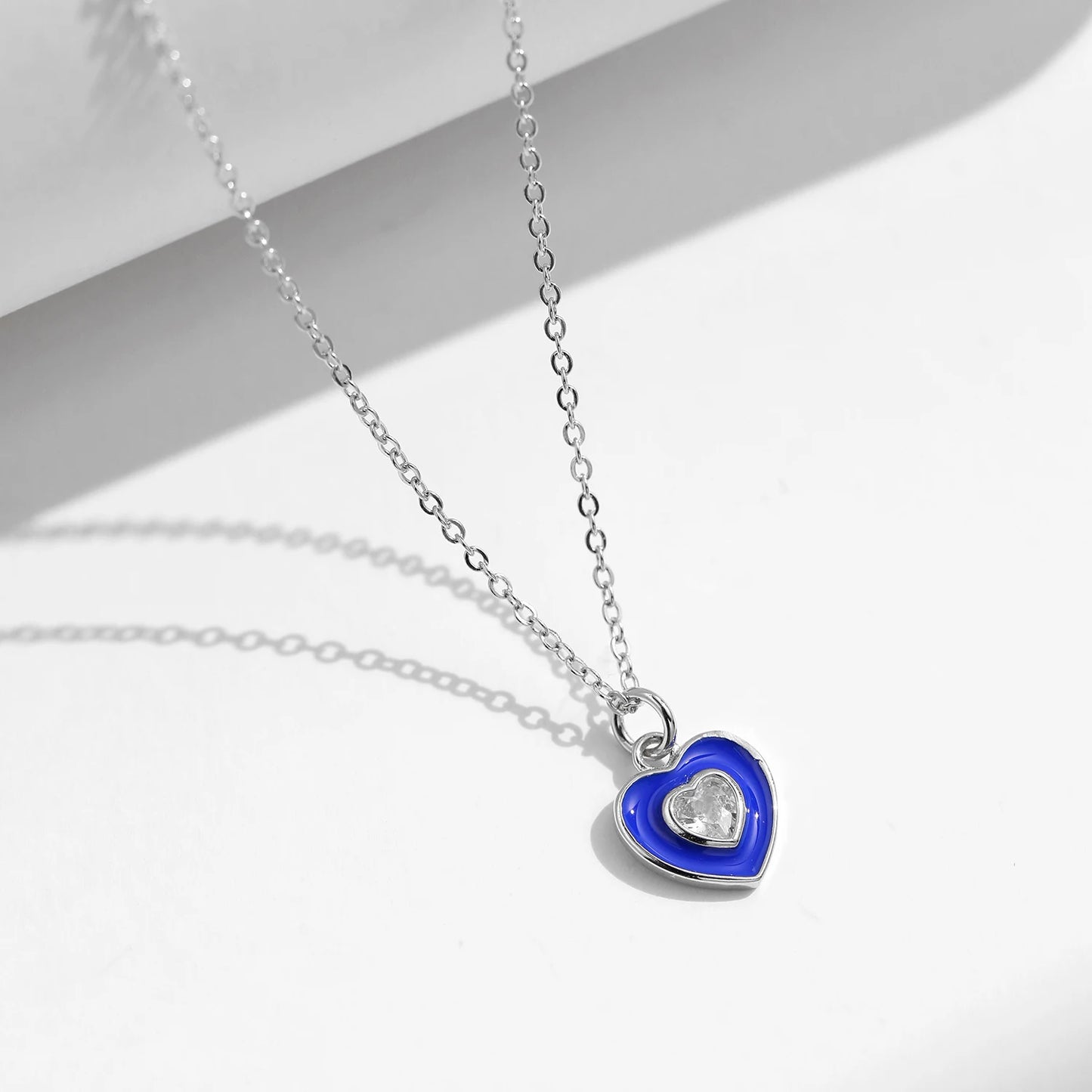 Collar con colgante de corazón romántico de plata de ley 925 de MODIAN, esmalte azul Klein, cadena de circonita brillante para mujer, joyería fina
