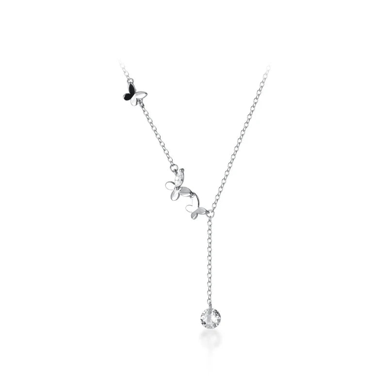 Collar Modian con cadena de eslabones de plata de ley 925 con circonitas y borlas de mariposa danzante para mujer, joyería fina