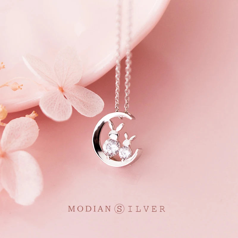 Gargantilla Modian Charm de plata de ley 925 auténtica con forma de luna y conejo para mujer y niña, regalo antialérgico.