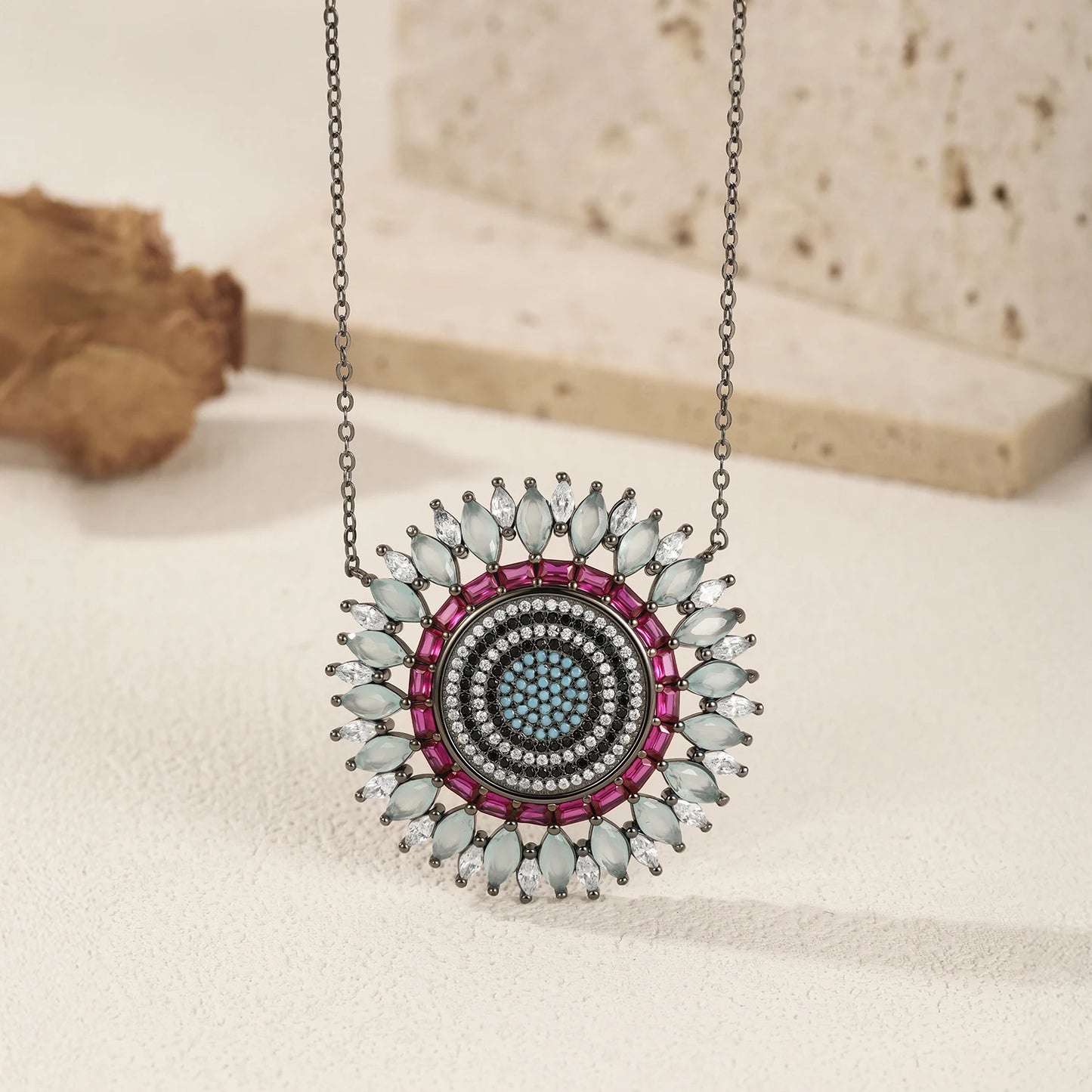 MODIAN 925 Sterling Silver Luxury Round Colorful Big Pendant Necklace Classic Black Mosaic Style Jewelry For Women Gifts
