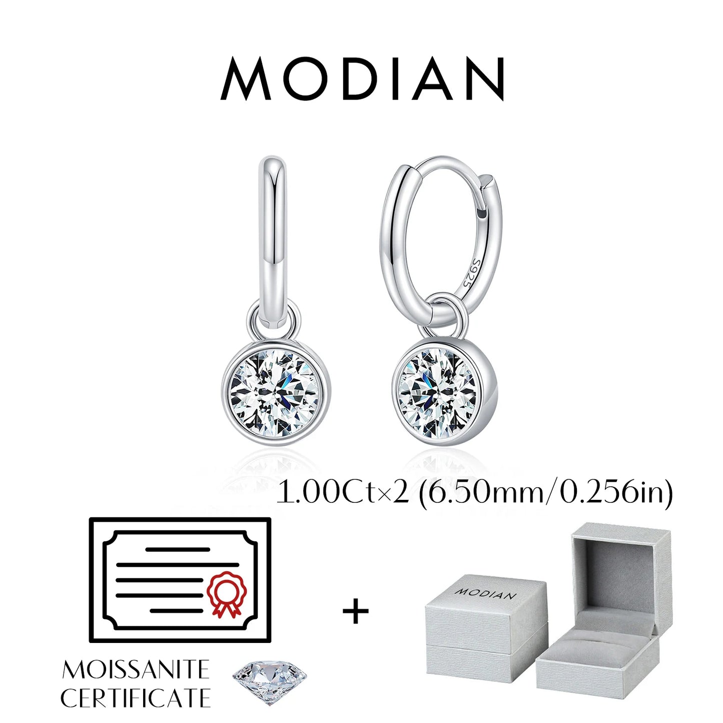 Pendientes de aro MODIAN de moissanita de color D de 1CT/2CT con hebilla de oreja de plata de ley 925, redondos y altos, para mujer, joyería fina de uso diario.