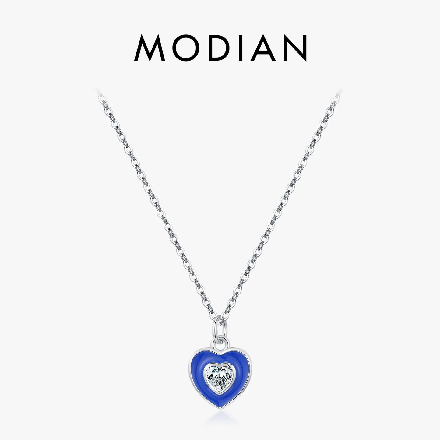 MODIAN 925 Sterling Silver Romantic Heart Klein Blue Enamel Pendant Necklace Shiny CZ Chain Neck For Women Fine Jewelry