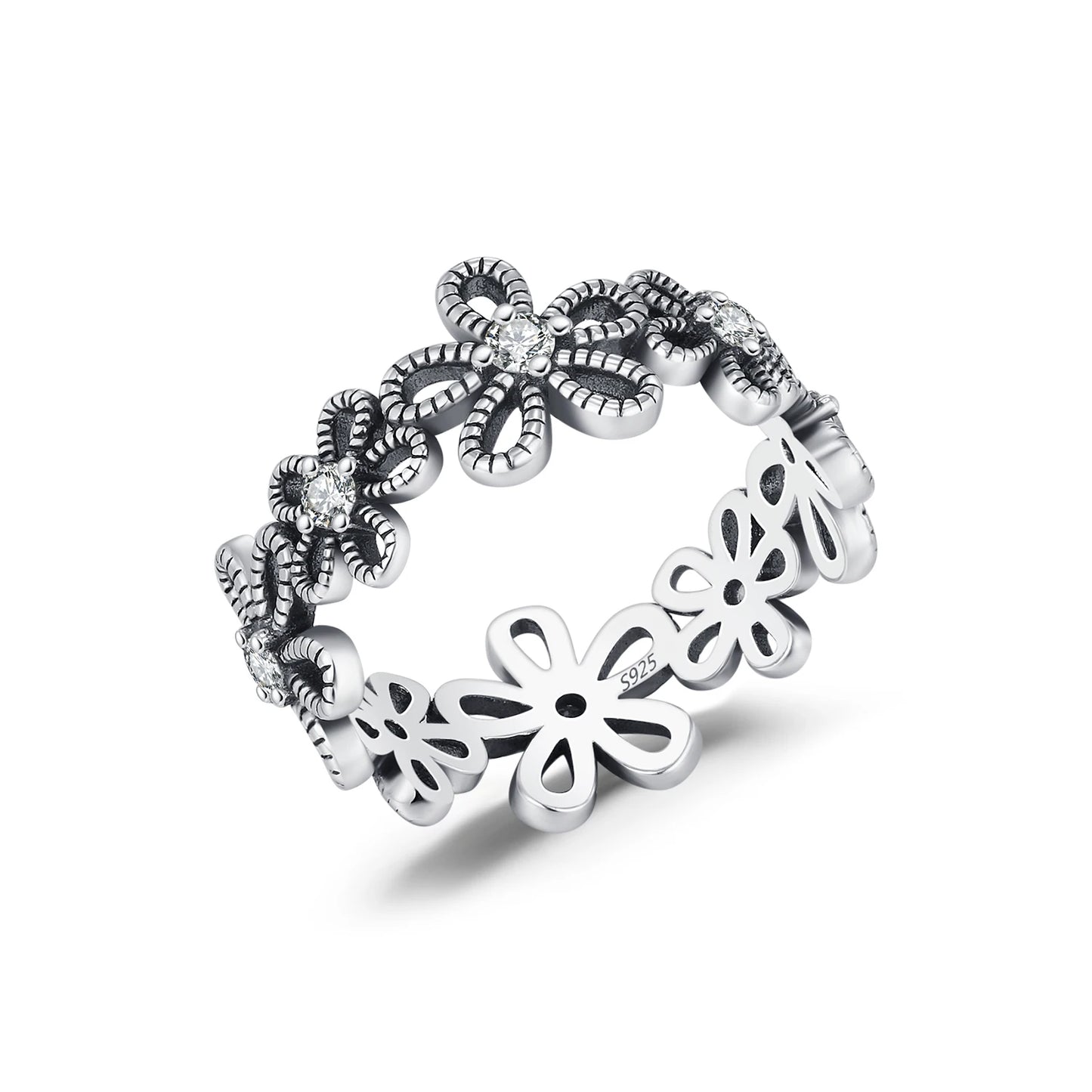 MODIAN 925 Sterling Silver Vintage Hollow Small Flower Sparkling Zirconia Eternity Band Rings For Women Fine Jewelry
