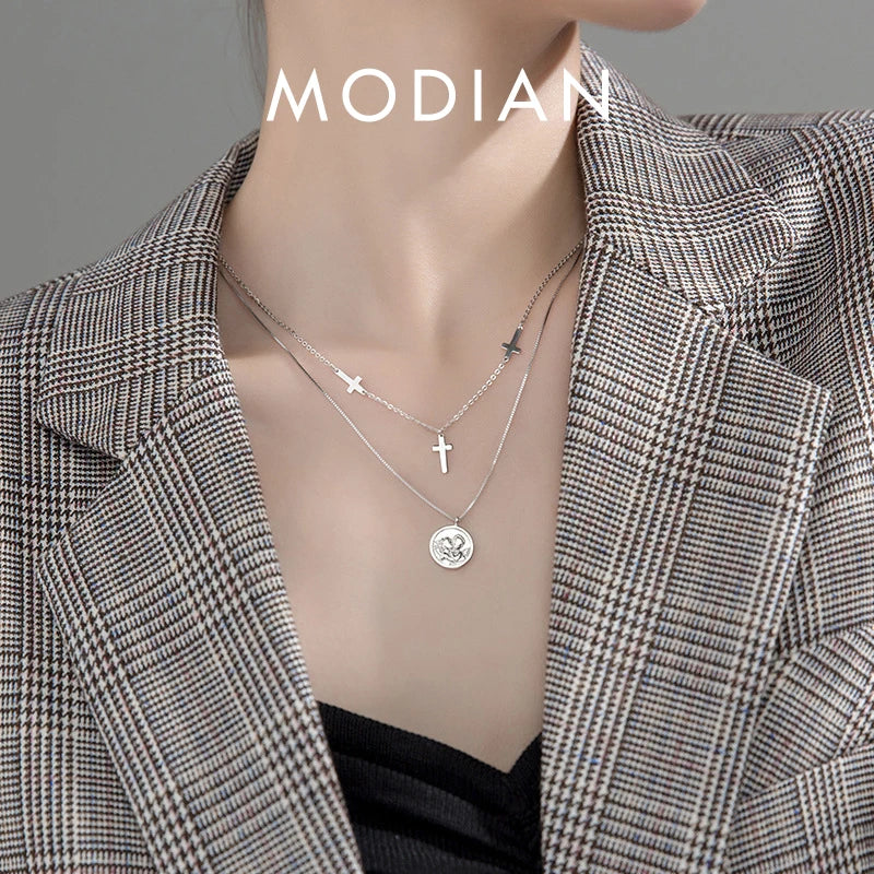 Modian Classic 925 Sterling Silver Stackable Cross Lettering Lovers Avatar Coin Confessions Pendant for Women Fine Jewelry Gift