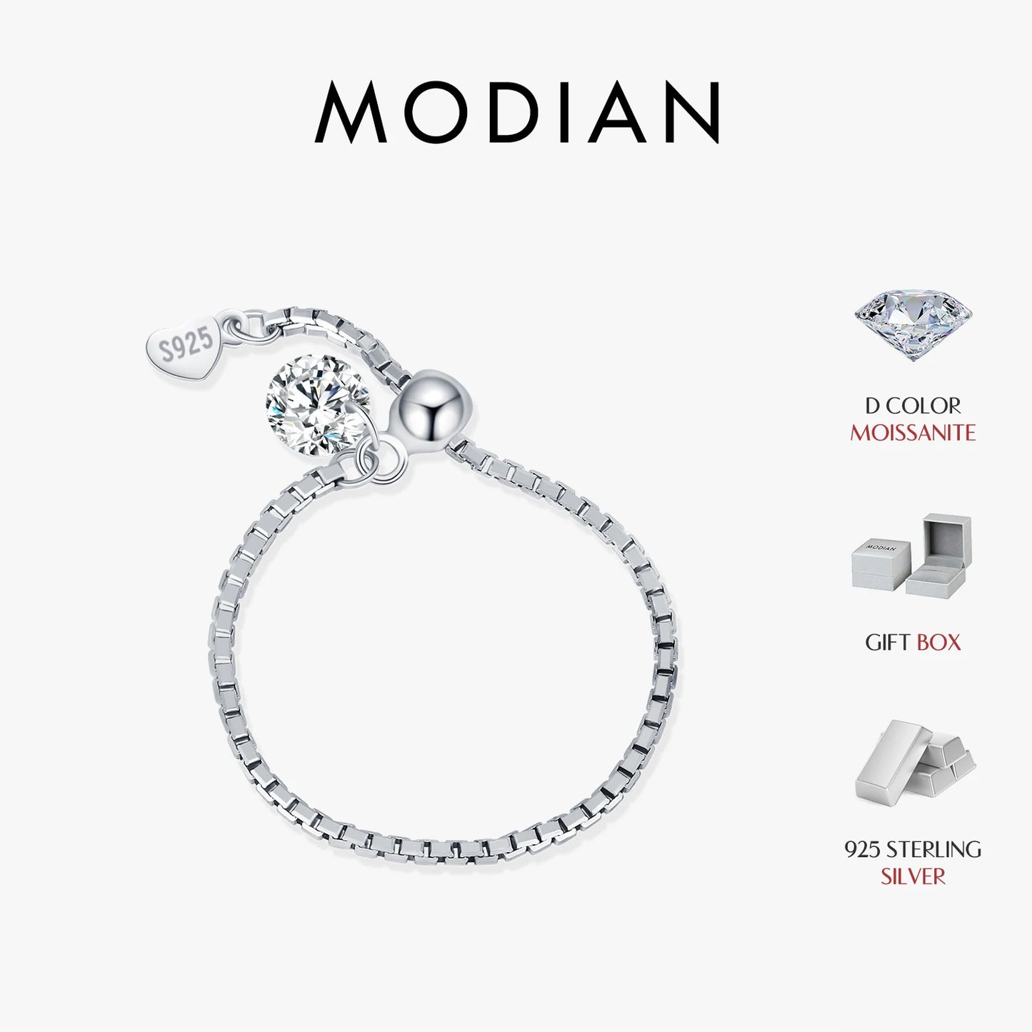 Anillos de moissanita MODIAN de color D, plata de ley 925, ajustables, con cuentas, exquisitos anillos de cadena para mujer, joyería fina, regalo