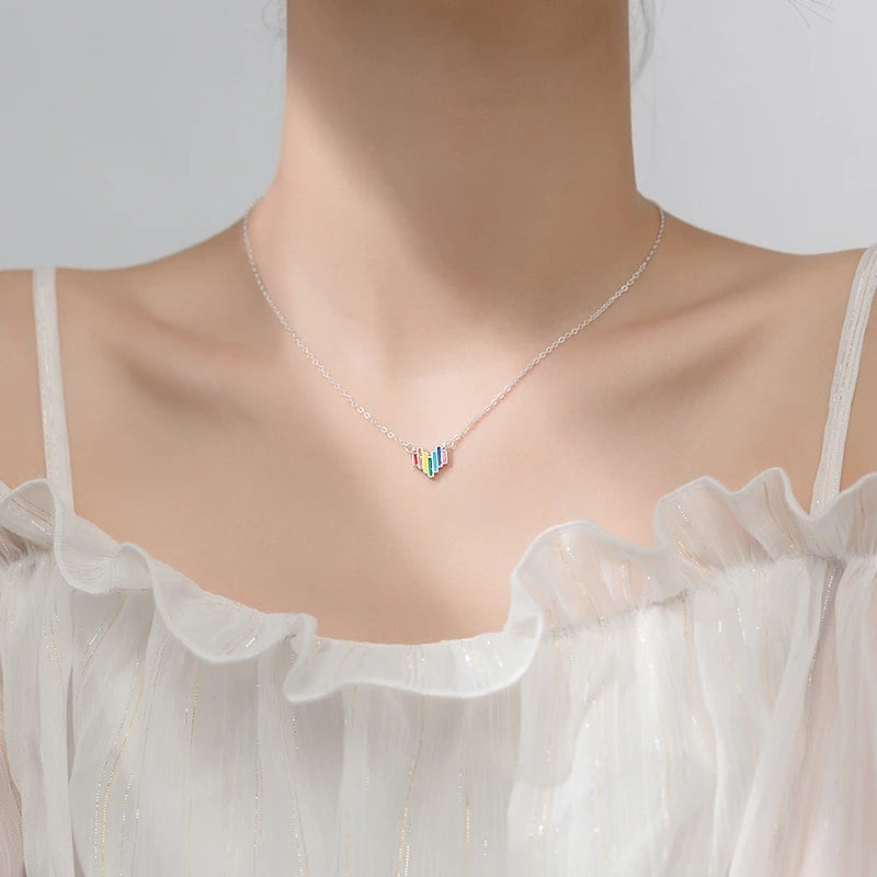 MODIAN - Nuevo collar con colgante de corazón de arcoíris en plata de ley 925 para mujer, collar colorido de moda, joyería fina de estilo coreano