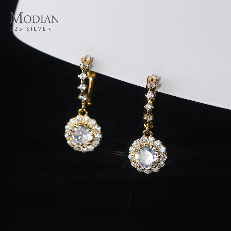 Pendientes colgantes de lujo Moidan con circonitas redondas brillantes, de plata de ley 925, con dijes colgantes para mujer, joyería de boda.