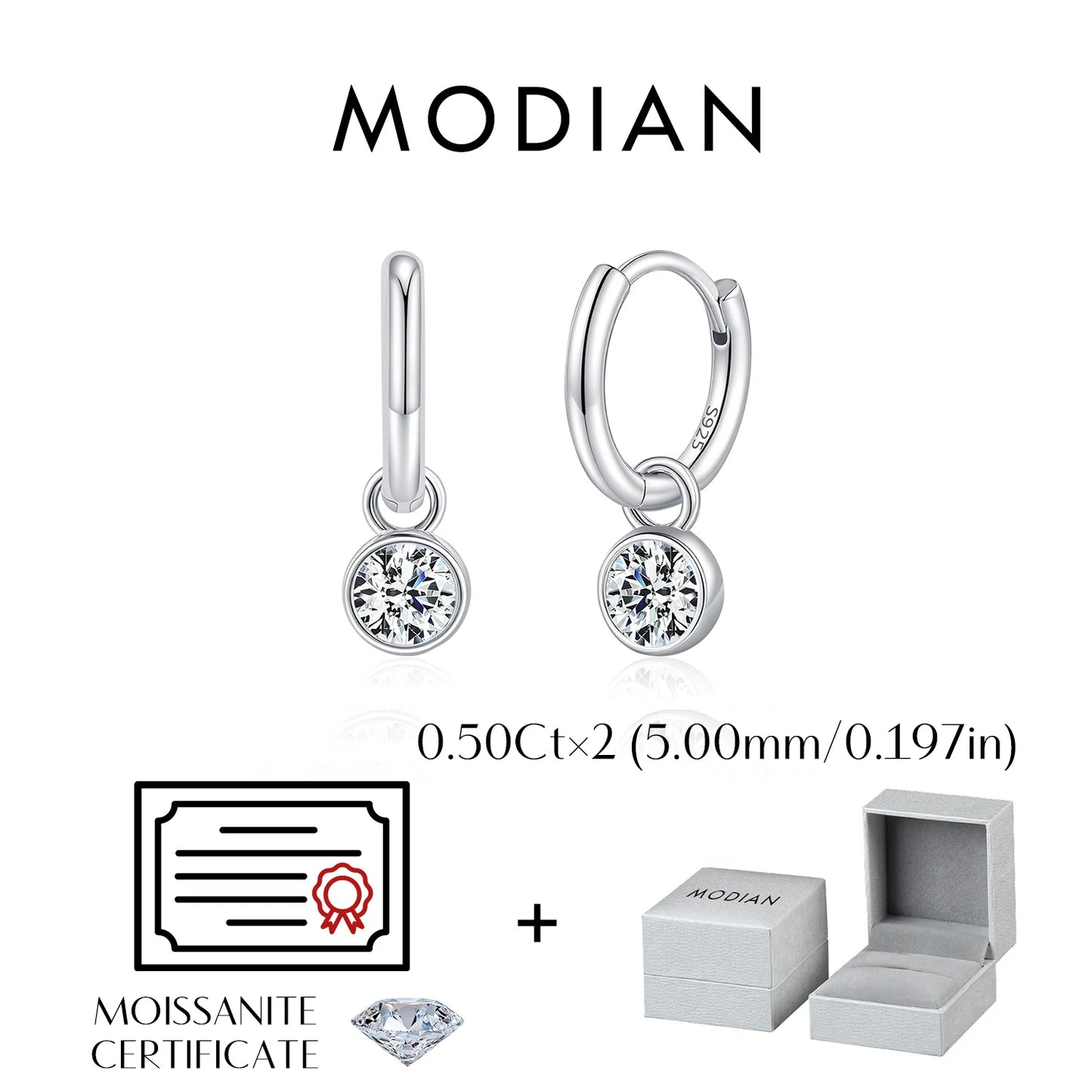 Pendientes de aro MODIAN de moissanita de color D de 1CT/2CT con hebilla de oreja de plata de ley 925, redondos y altos, para mujer, joyería fina de uso diario.