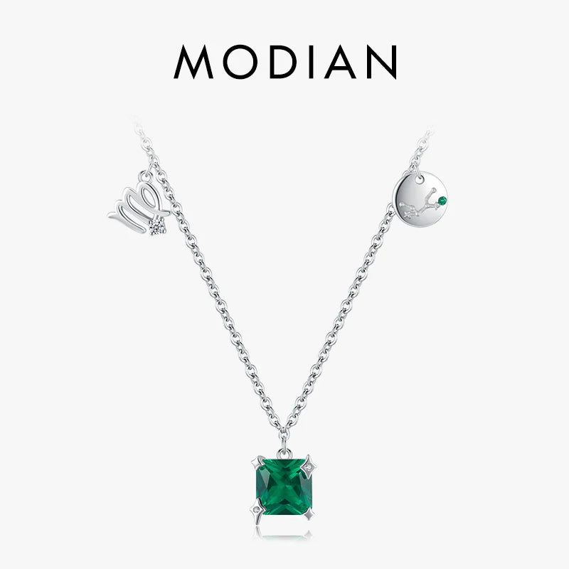 Collar MODIAN de plata de ley 925 con símbolo de la constelación de Virgo, cadena brillante y deslumbrante con colgante cuadrado de circonita cúbica, joyería fina de moda.