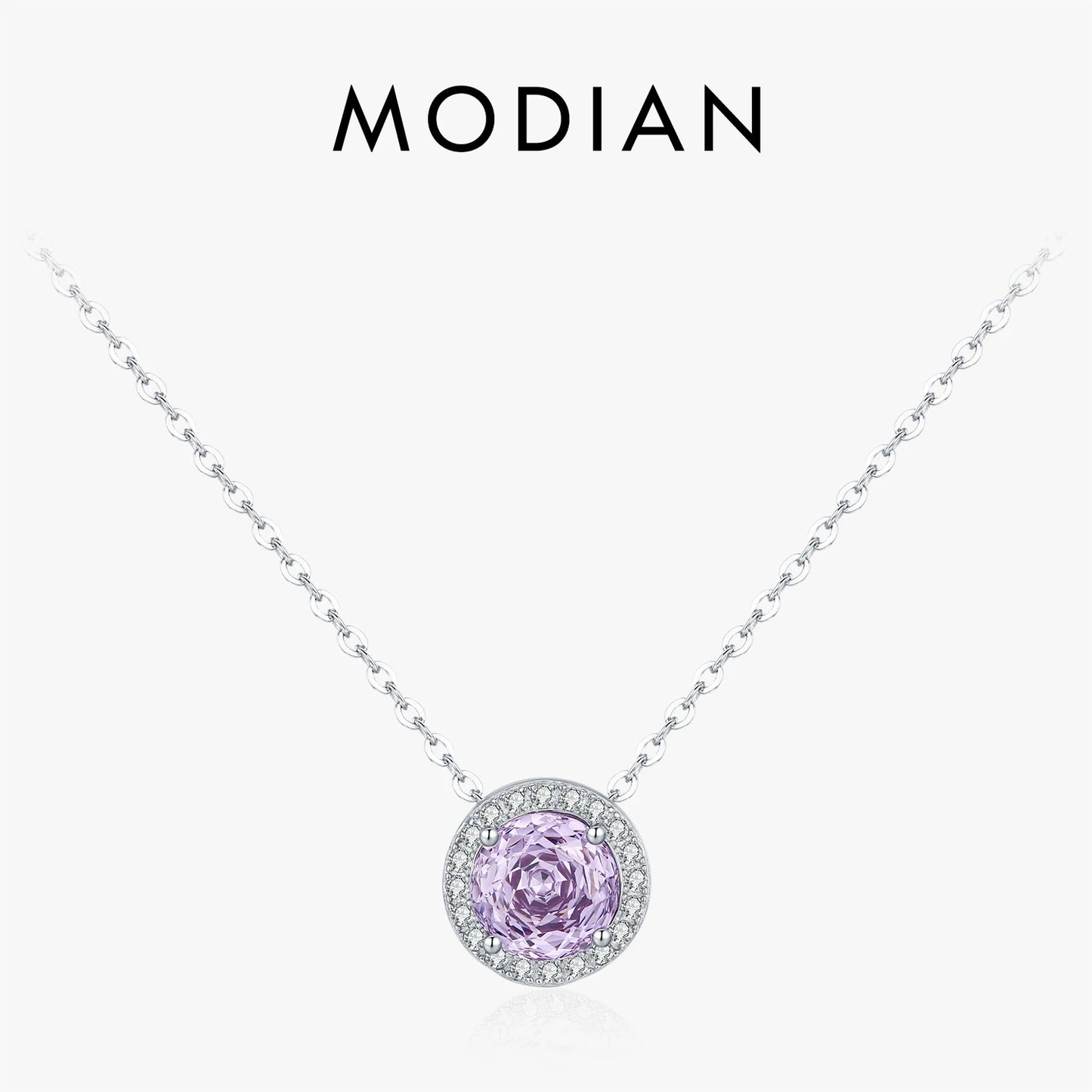 Collar MODIAN de plata de ley 925 con circonitas brillantes de corte redondo y color lavanda para mujer.