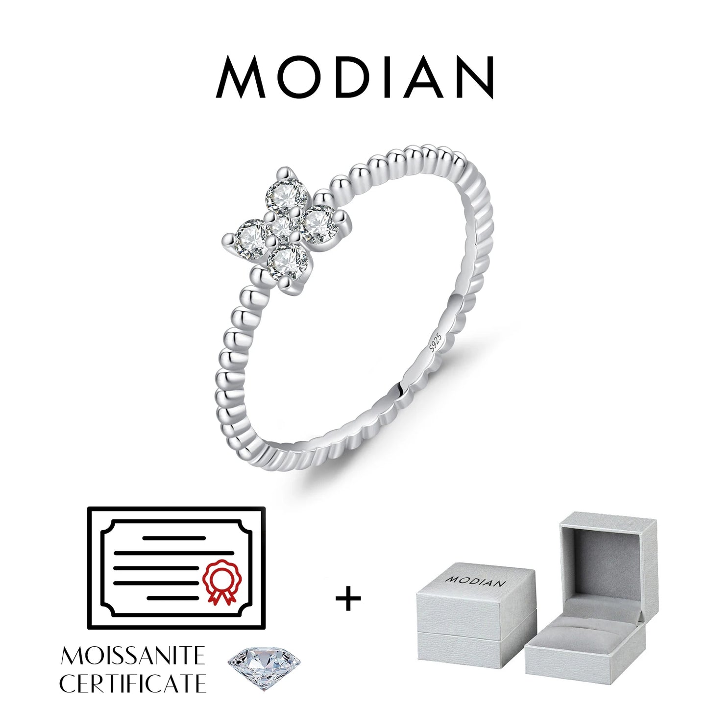 Anillo de moissanita MODIAN con trébol de cuatro hojas, color D, plata de ley 925, cuentas apilables, moderno anillo para mujer, joyería fina