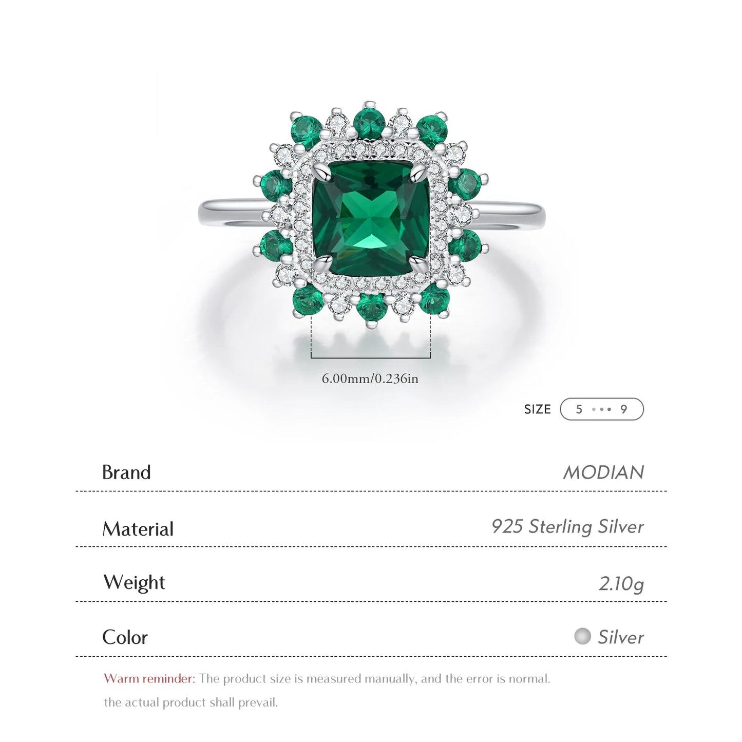 Anillos de dedo MODIAN de plata de ley 925 auténtica, estilo retro, elegante, cuadrado, con circonita verde, para mujer, para fiestas, cócteles, joyería fina