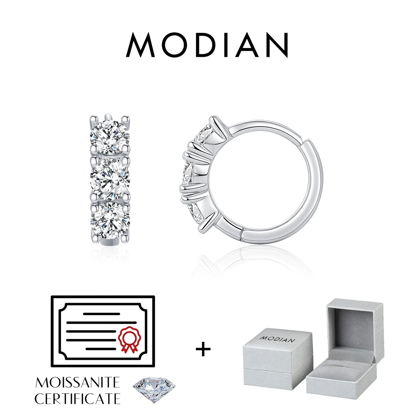 Pendientes de aro MODIAN D Color Moissanite Classic Ear Buckle Plata de ley 925 Modernos y Apilables para Mujer, Joyería Fina