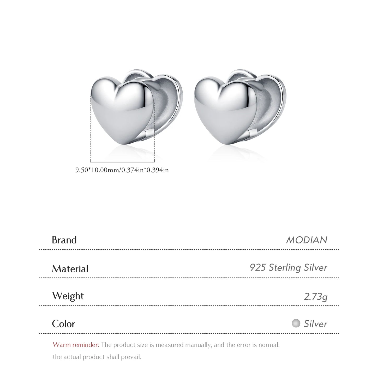 MODIAN 925 Sterling Silver Trendy Minimalist Mirror Metal Design Stud Earrings Hearts Shape Buckle Earrings For Women Jewelry