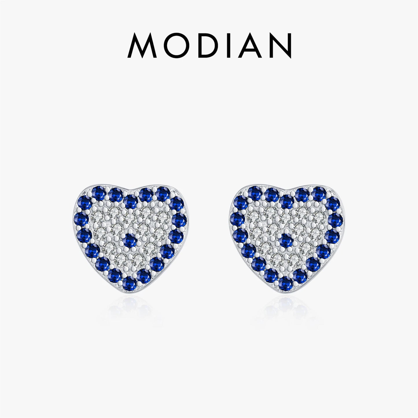 MODIAN 925 Sterling Silver Simple Hearts Stud Earrings Sparkling Blue Zirconia Romantic Earrings For Women Party Jewelry