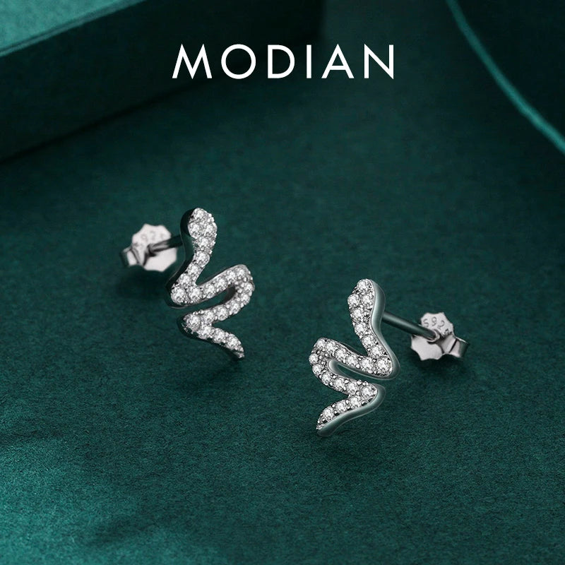 Pendientes MODIAN de plata de ley 925 con circonitas cúbicas brillantes y forma de serpiente para mujer, aretes de animales, joyería moderna y llamativa.