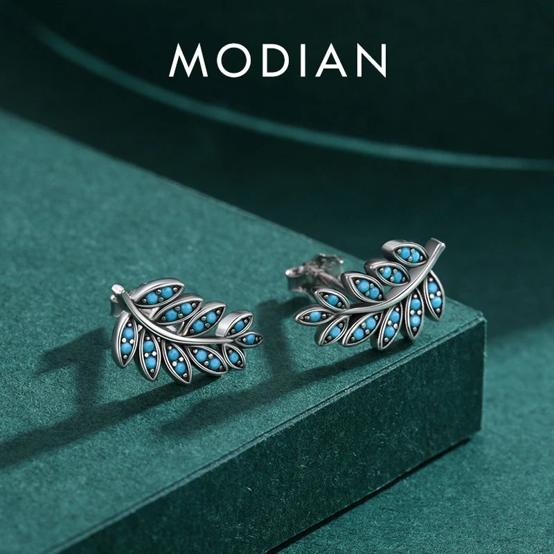 Pendientes MODIAN de plata de ley 925 con forma de hoja vintage, de lujo, con turquesa natural, para mujer, regalo de aniversario, joyería fina.