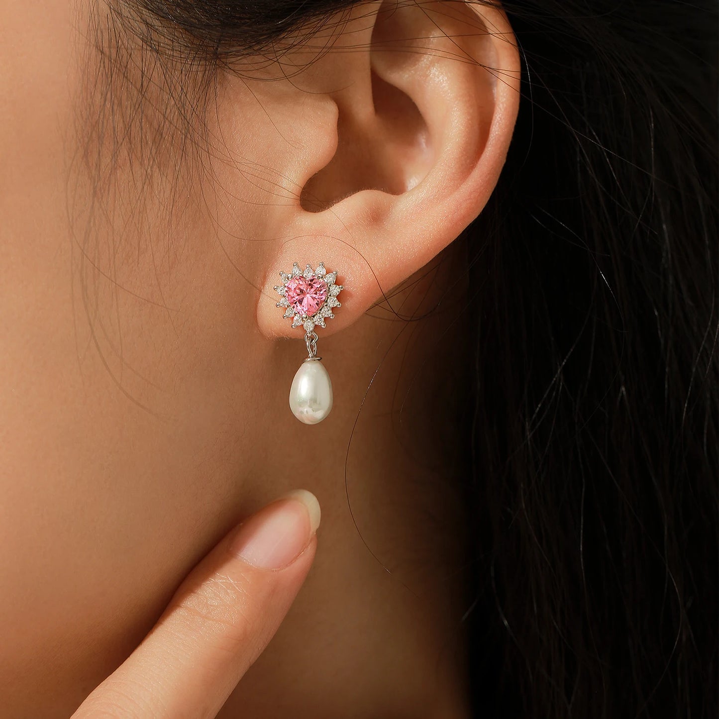 Pendientes MODIAN de plata de ley 925 con forma de corazón y circonita rosa, románticos y elegantes, con forma de concha y perla, para mujer, joyería fina.