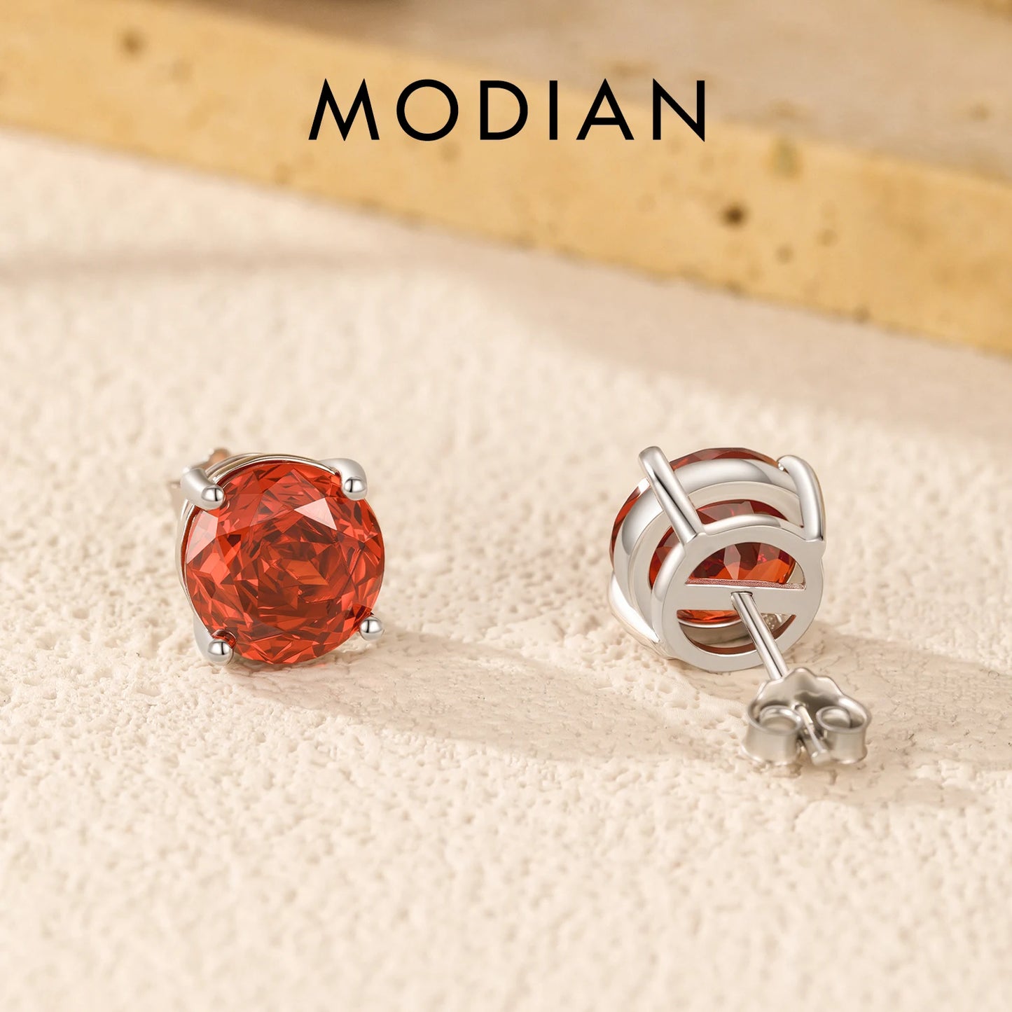 MODIAN Exquisite 925 Sterling Silver Charming Red Rose Cut Cubic Zirconia Round Stud Earrings For Women Party Fine Jewelry