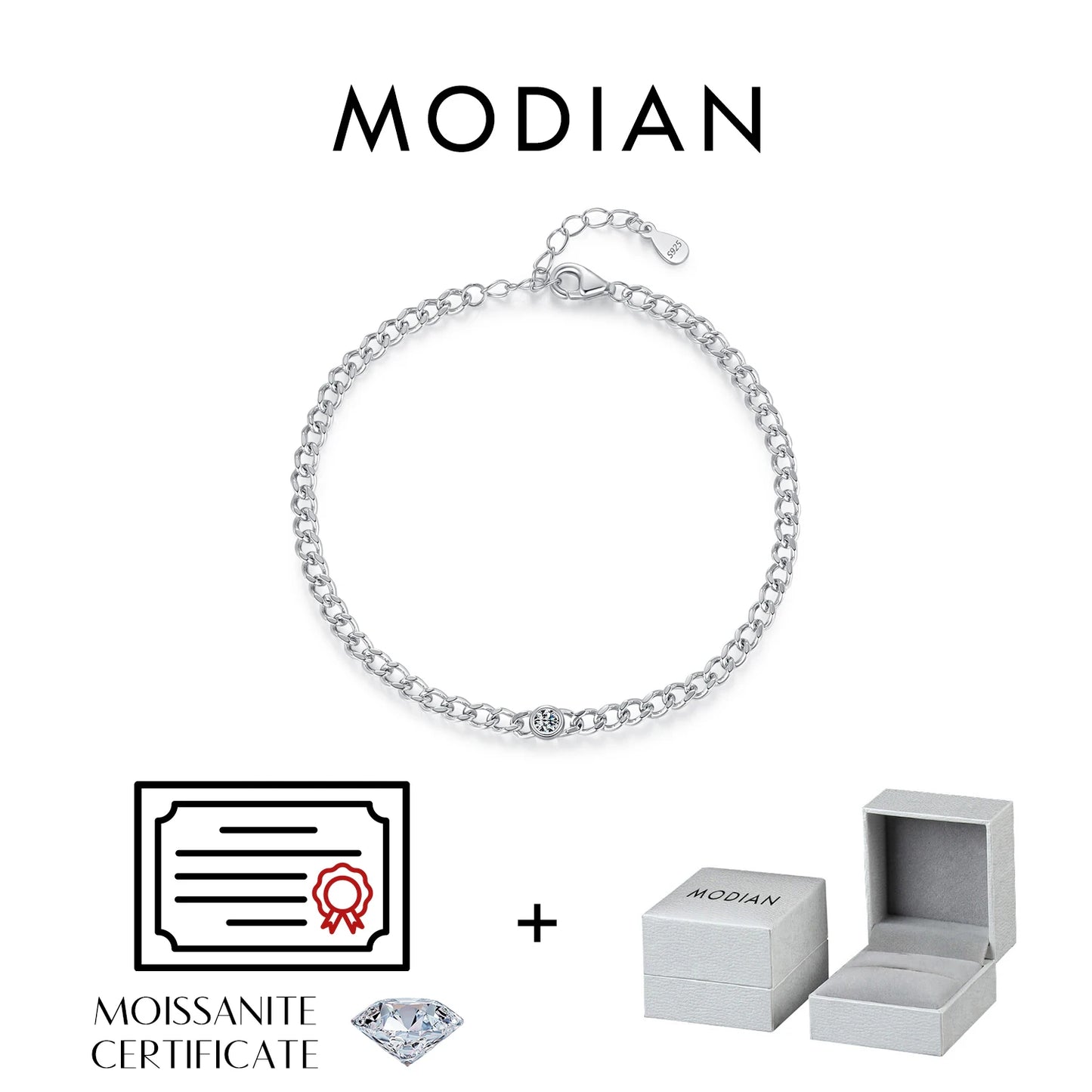 Pulseras de moissanita redondas MODIAN D Color VVS1 Cearl, pulsera de cadena de eslabones gourmet de plata de ley 925, joyería para mujer