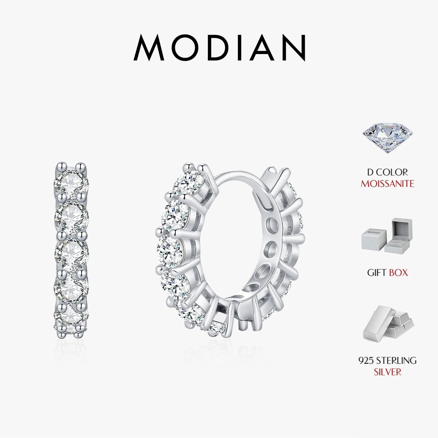 Pendientes de aro de lujo MODIAN con moissanita brillante de color D, con diamantes de laboratorio y plata de ley 925, para mujer, regalos de joyería