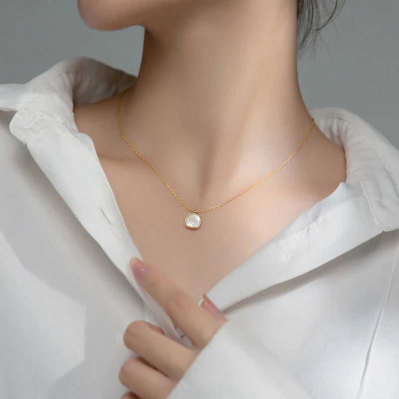 Collar de cadena con colgante cuadrado de concha dorada de auténtica plata de ley 925 de Modian para mujer, joyería fina