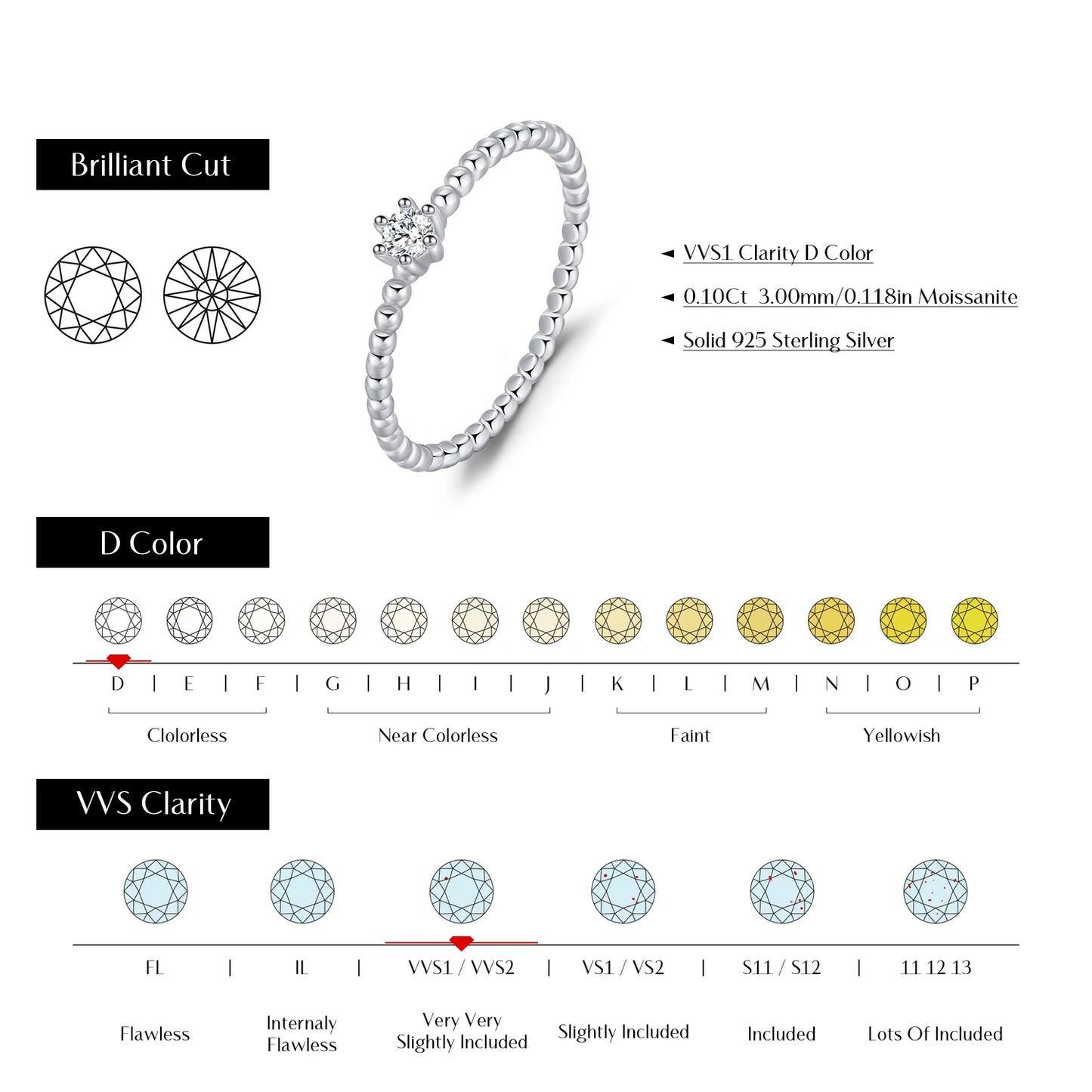 Anillos de moissanita redonda de color D de MODIAN con diamantes de laboratorio, plata de ley 925, cuentas clásicas simples, apilables, para mujer, joyería
