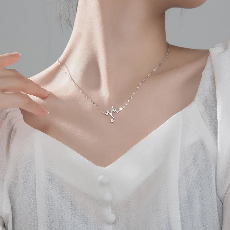 Modian Hot Sale 925 Sterling Silve Shiny Zircon Romantic Geometric Heartbeat Pendant Necklace for Women Fine Jewelry
