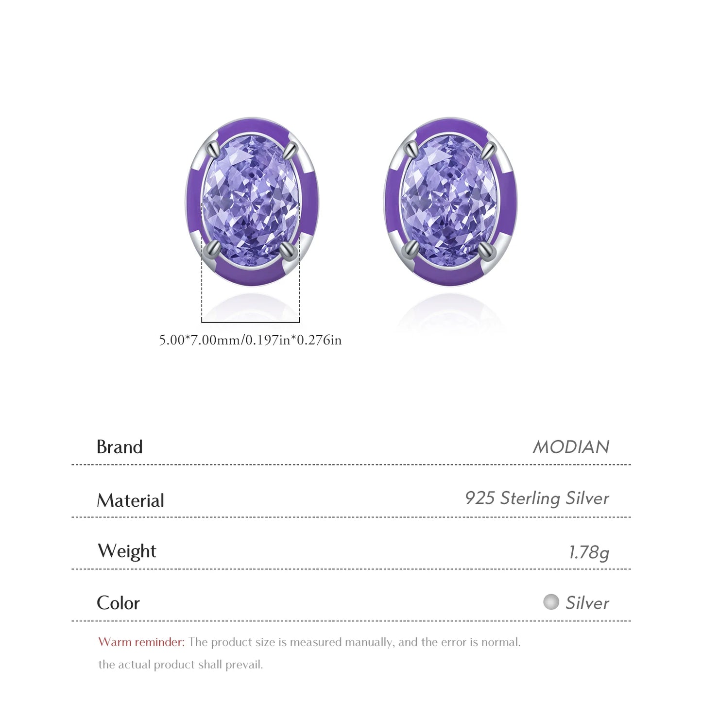 MODIAN Real 925 Sterling Silver Oval Lavender Purple Enamel Crushed Ice Cut CZ Stud Earrings For Women Delicate Fine Jewelry