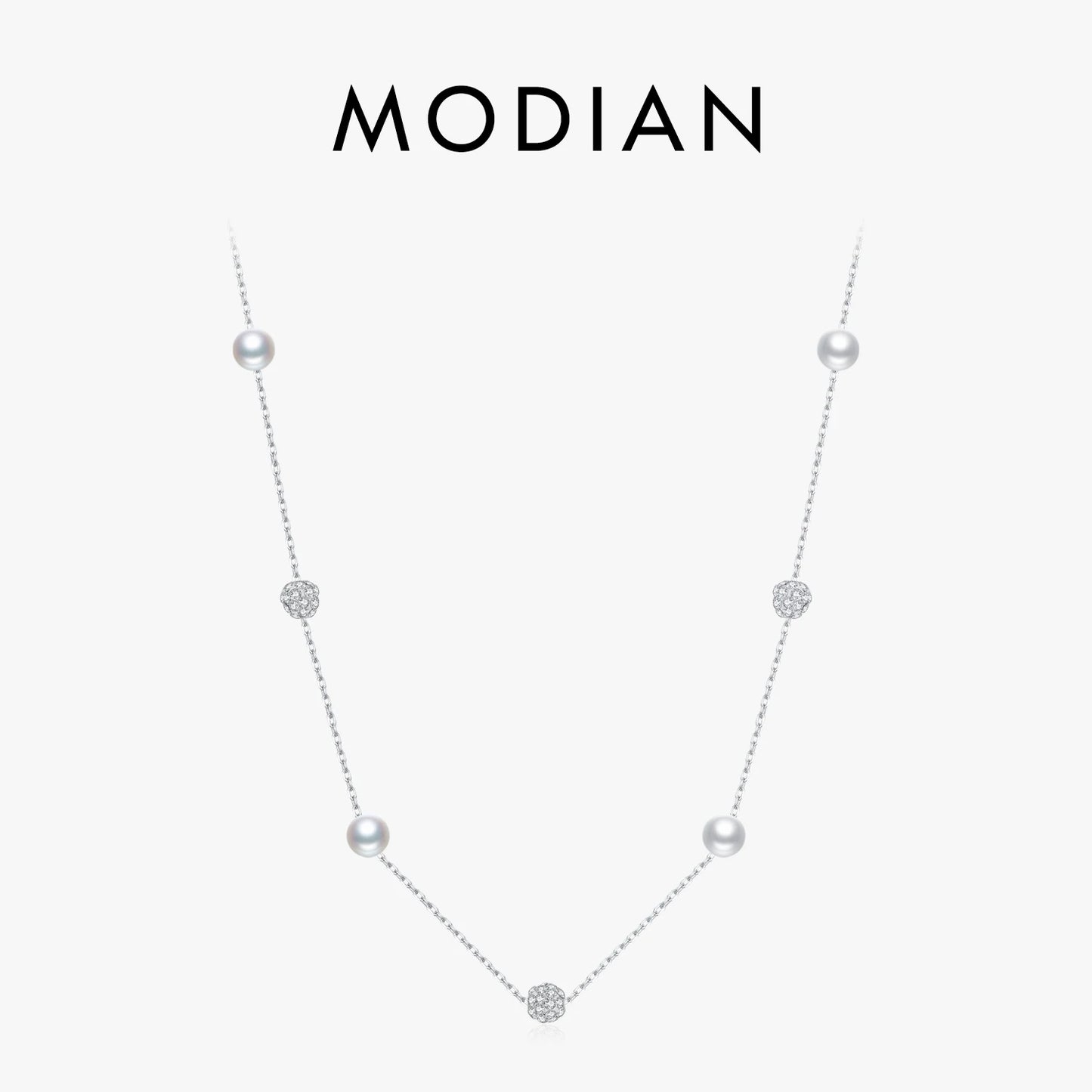 Collar con colgante de cadena de perlas y cuentas de circonita de plata esterlina 925 de MODIAN para mujer, joyería fina, regalo de San Valentín.