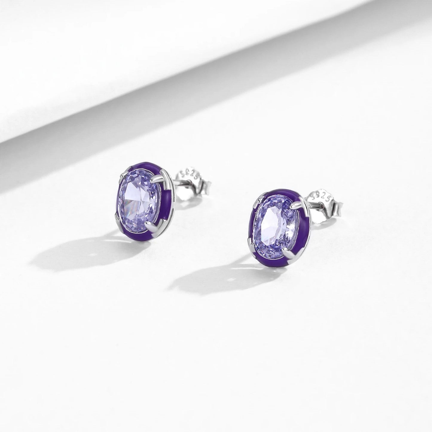 MODIAN Real 925 Sterling Silver Oval Lavender Purple Enamel Crushed Ice Cut CZ Stud Earrings For Women Delicate Fine Jewelry