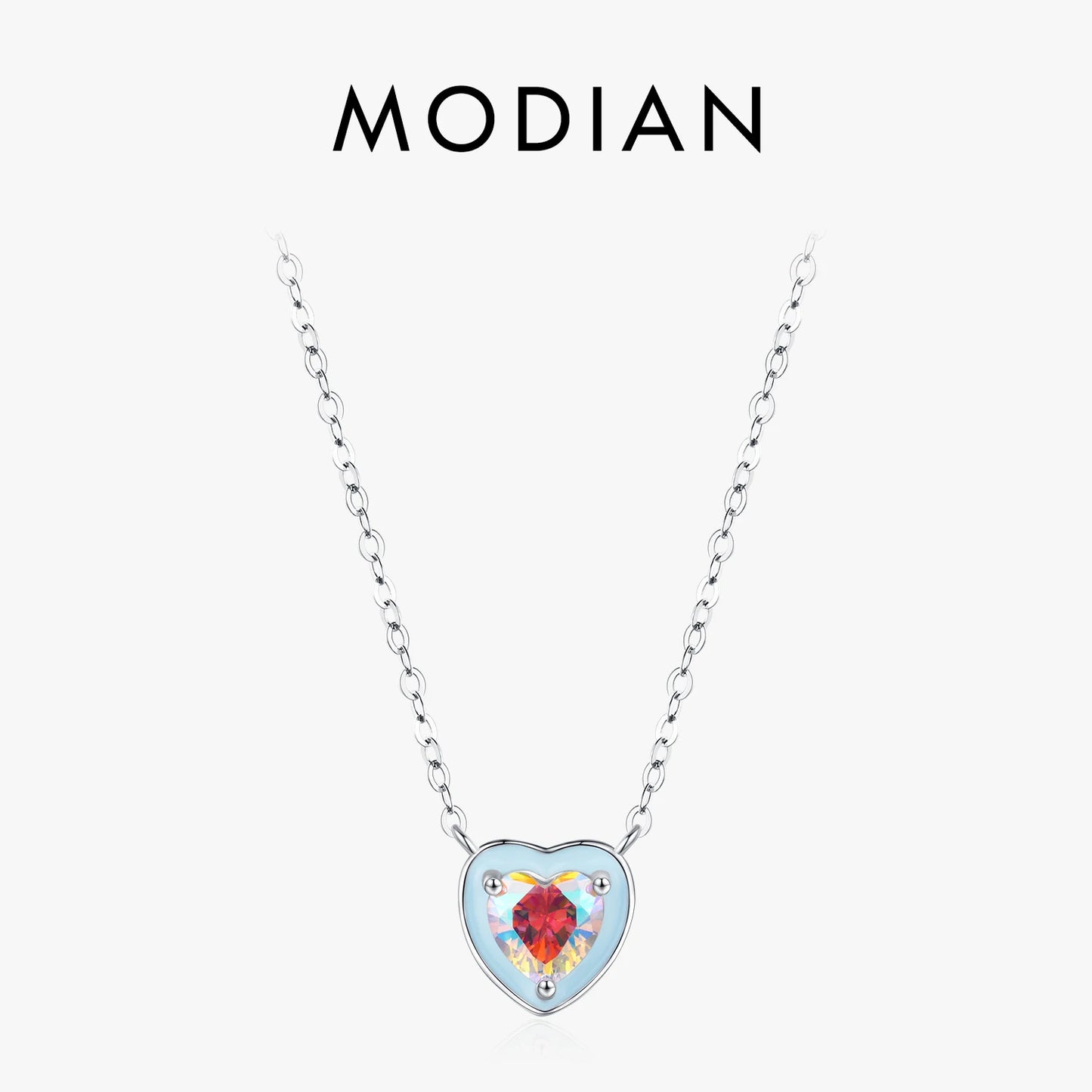 Colgante de corazón esmaltado azul claro MODIAN en plata de ley 925, cadena de corazón romántica y colorida para mujer, joyería fina, regalos.