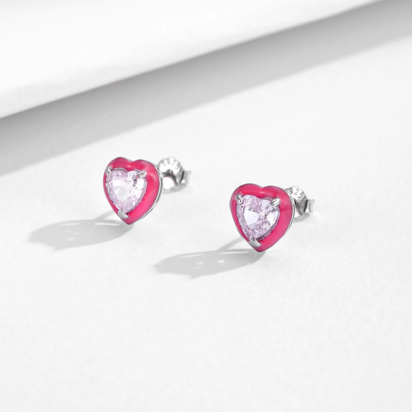 MODIAN 925 Sterling Silver Luxury Cute Pink Enamel Heart Crushed Ice Cut Zircon Romantic Stud Earrings For Women Fine Jewelry