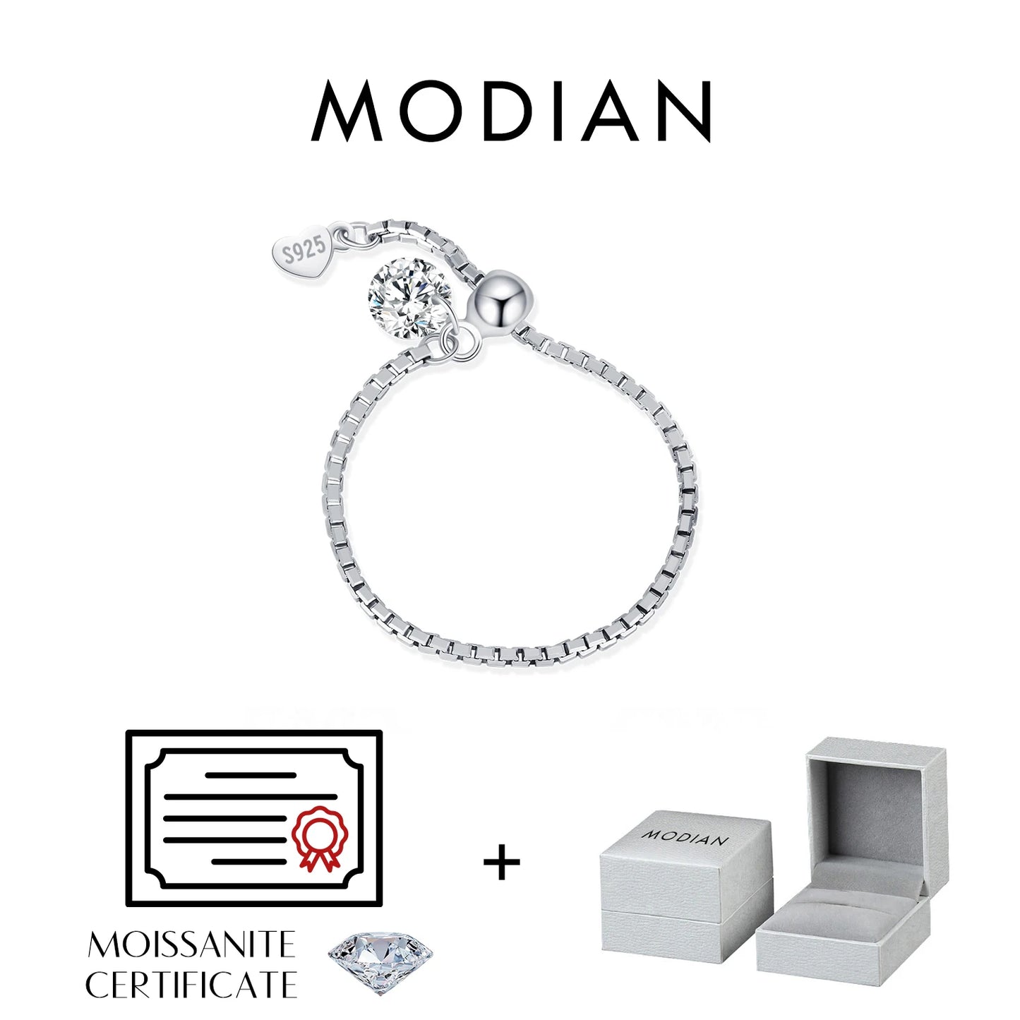 Anillos de moissanita MODIAN de color D, plata de ley 925, ajustables, con cuentas, exquisitos anillos de cadena para mujer, joyería fina, regalo