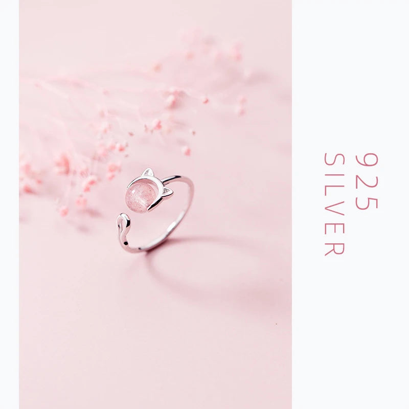 Anillo ajustable abierto con cara de gato de cristal rosa de Modian para mujer, anillo de plata de ley 925, joyería fina
