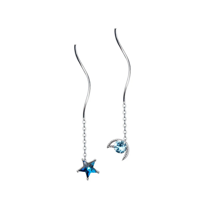 Pendientes clásicos Modian con borlas de cadena larga para mujer, plata de ley 925 auténtica, cristales azules transparentes, estrellas y luna, joyería de regalo