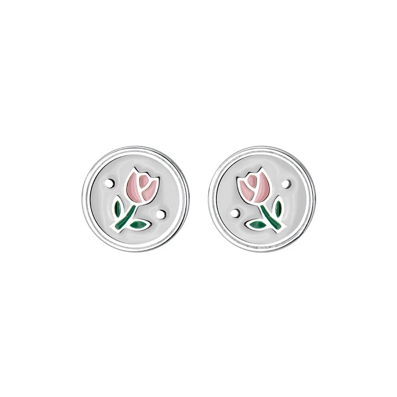Pendientes de botón redondos de esmalte vintage Modian de plata de ley 925 con diseño de flor, sencillos y bonitos, para mujer, joyería para prevenir alergias.