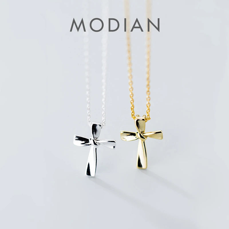 Colgante minimalista de cruz Modian, pequeño, de plata de ley 925, con nudo geométrico, cadena de eslabones para mujer, joyería fina