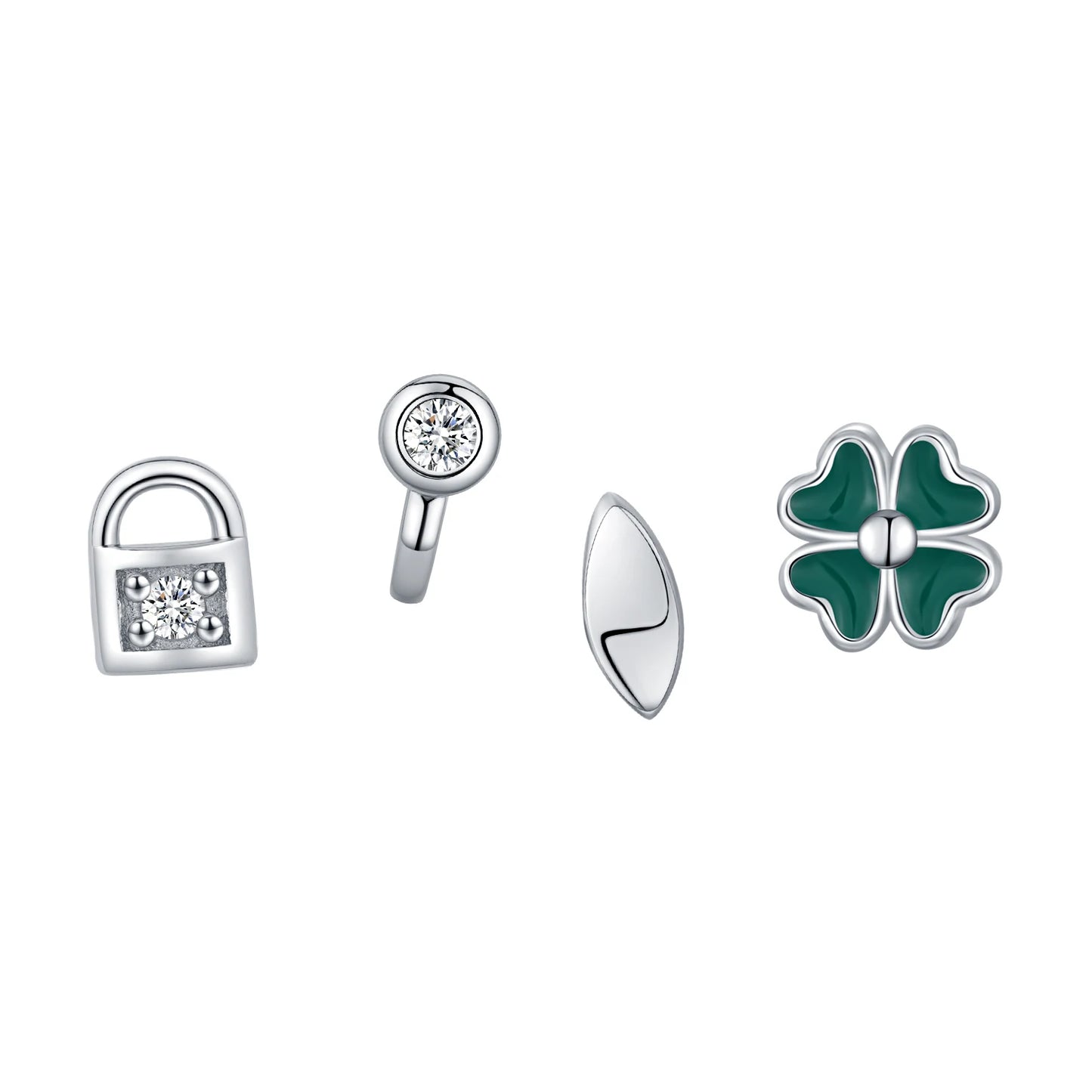 MODIAN 4PCS Tiny Earrings 925 Sterling Silver Lock & Key And Four Leaf Clover Fashion Stackable Stud Earrings For Women Jewelry