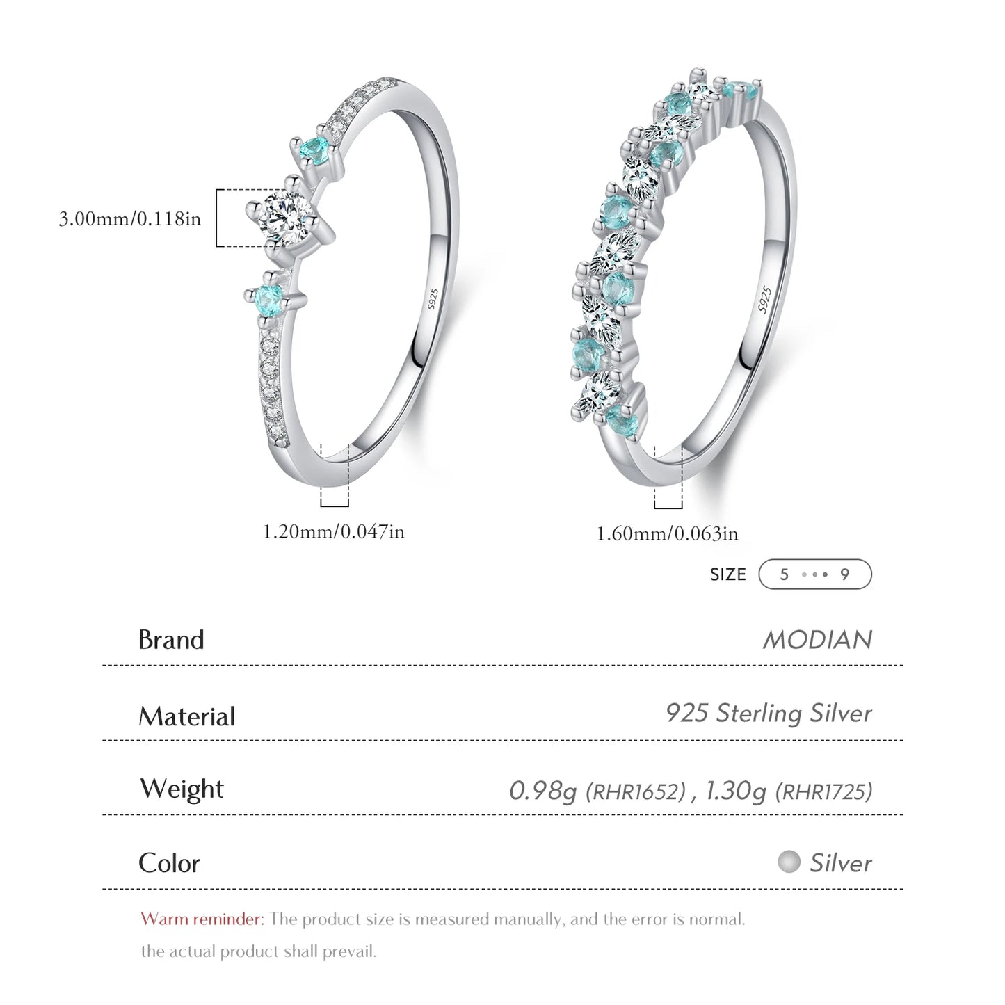 Anillo MODIAN de plata de ley 925 con circonita cúbica color Paraiba, apilable, color verde menta, para mujer, joyería fina