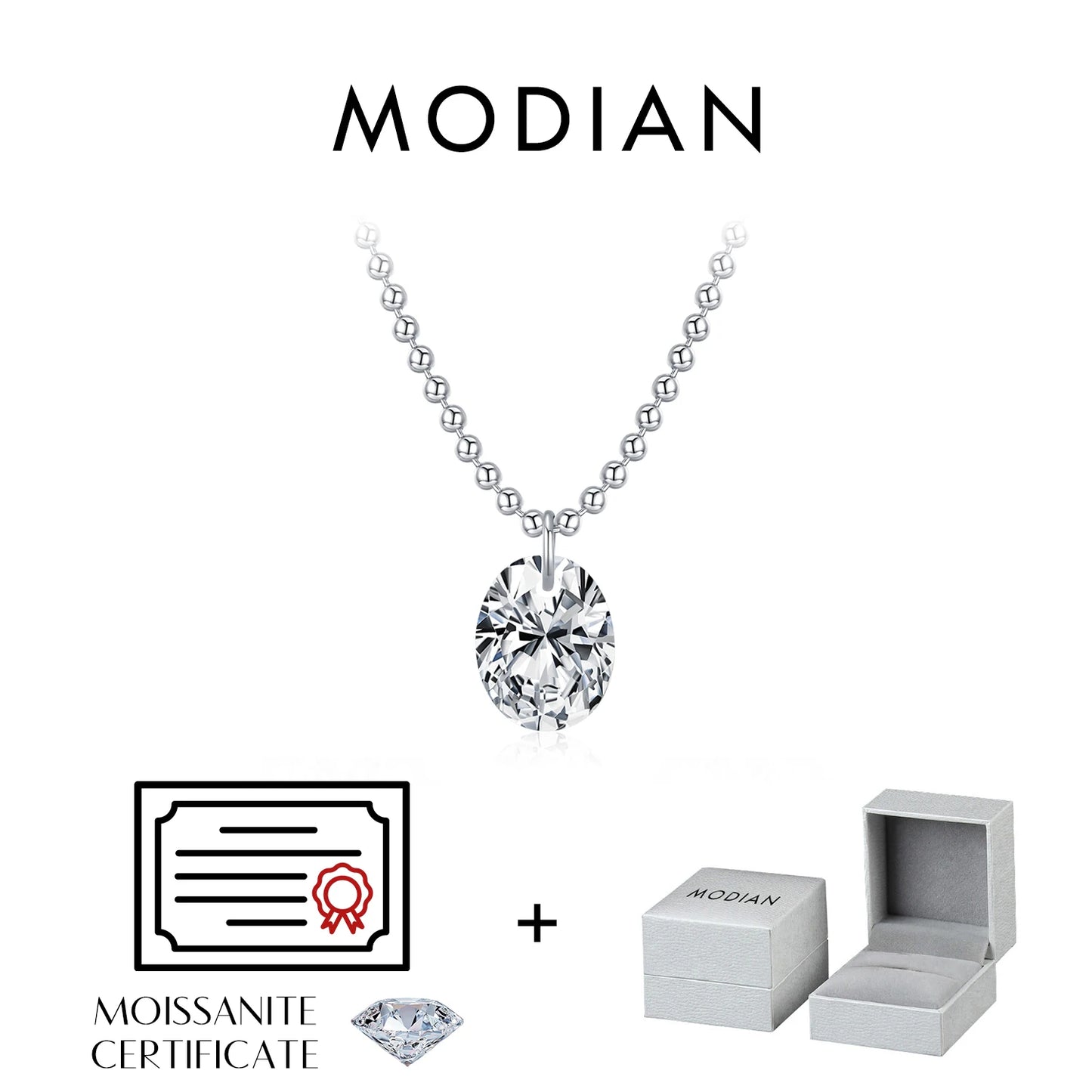 Colgante de moissanita ovalada de 1,5 quilates de MODIAN, cadena de cuentas sencillas de plata de ley 925, collar para mujer, joyería fina de uso diario.