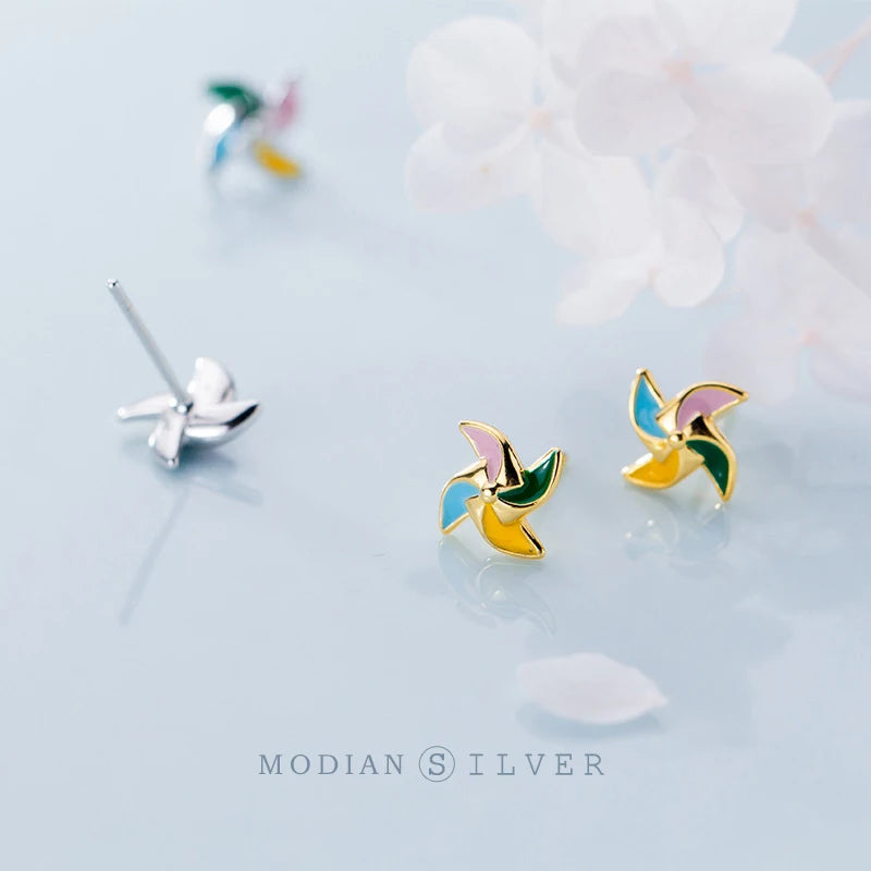 Pendientes Modian con diseño de molino de viento de la suerte, esmaltados en varios colores, para mujer, 100 % plata de ley 925, joyería fina para mujer.