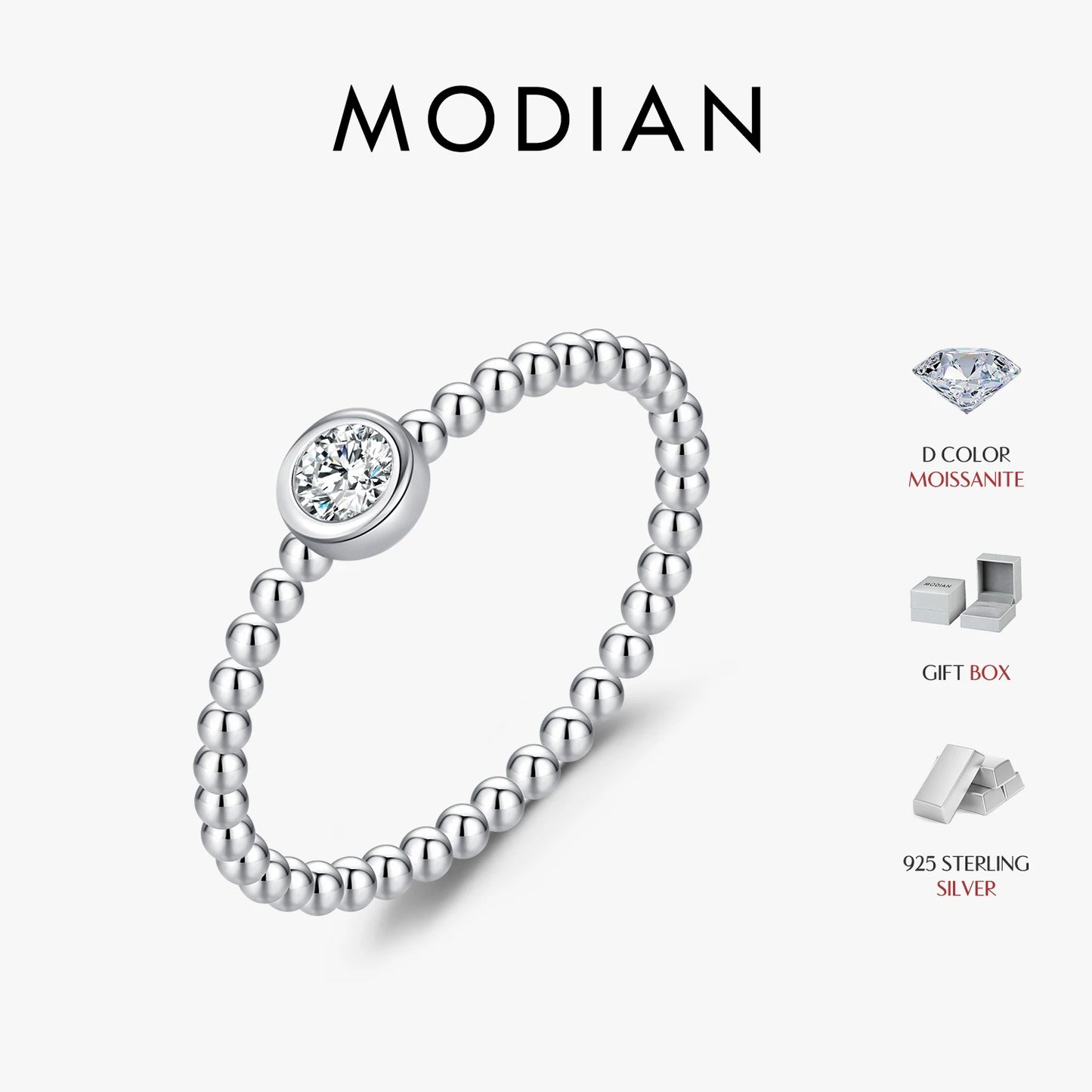 Anillo de moissanita con engaste de bisel de MODIAN, cuentas de plata de ley 925, anillos de dedo apilables de moda para mujer, joyería de diamantes de laboratorio