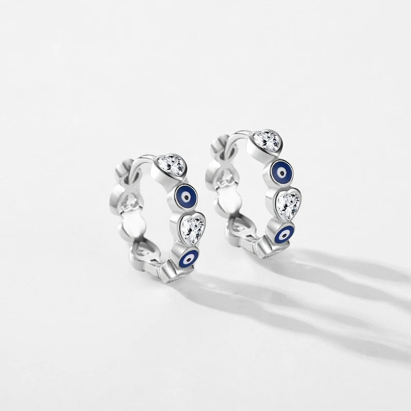 Modian 925 Sterling Silver Blue Enamel Eyes Charm Hoop Earrings Fashion Party Hearts Zircon Ear Buckle For Women Fine Jewelry