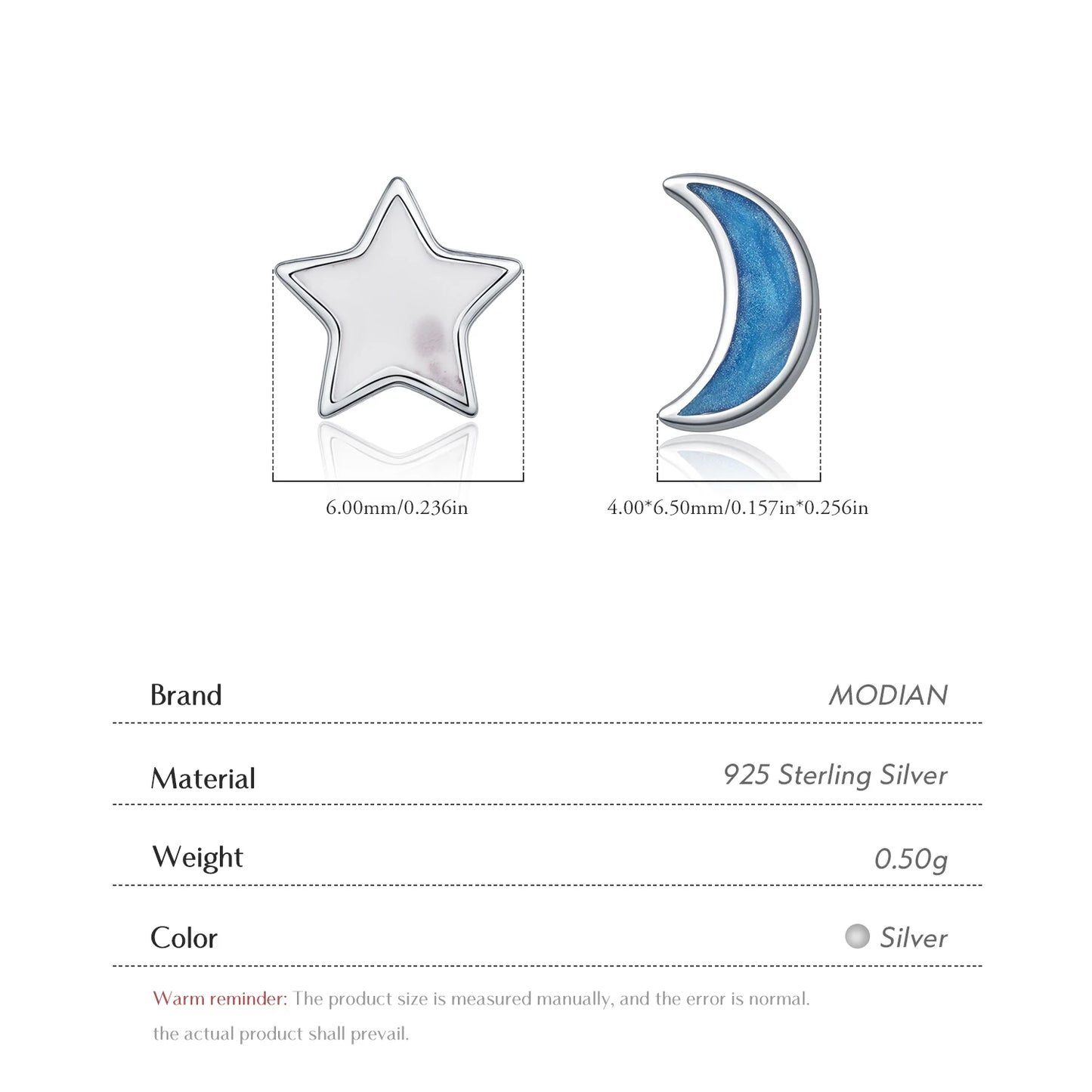 Pendientes MODIAN de plata de ley 925 con diseño de luna y estrella asimétricos, delicados y bonitos, con esmalte azul, para mujer, joyería fina