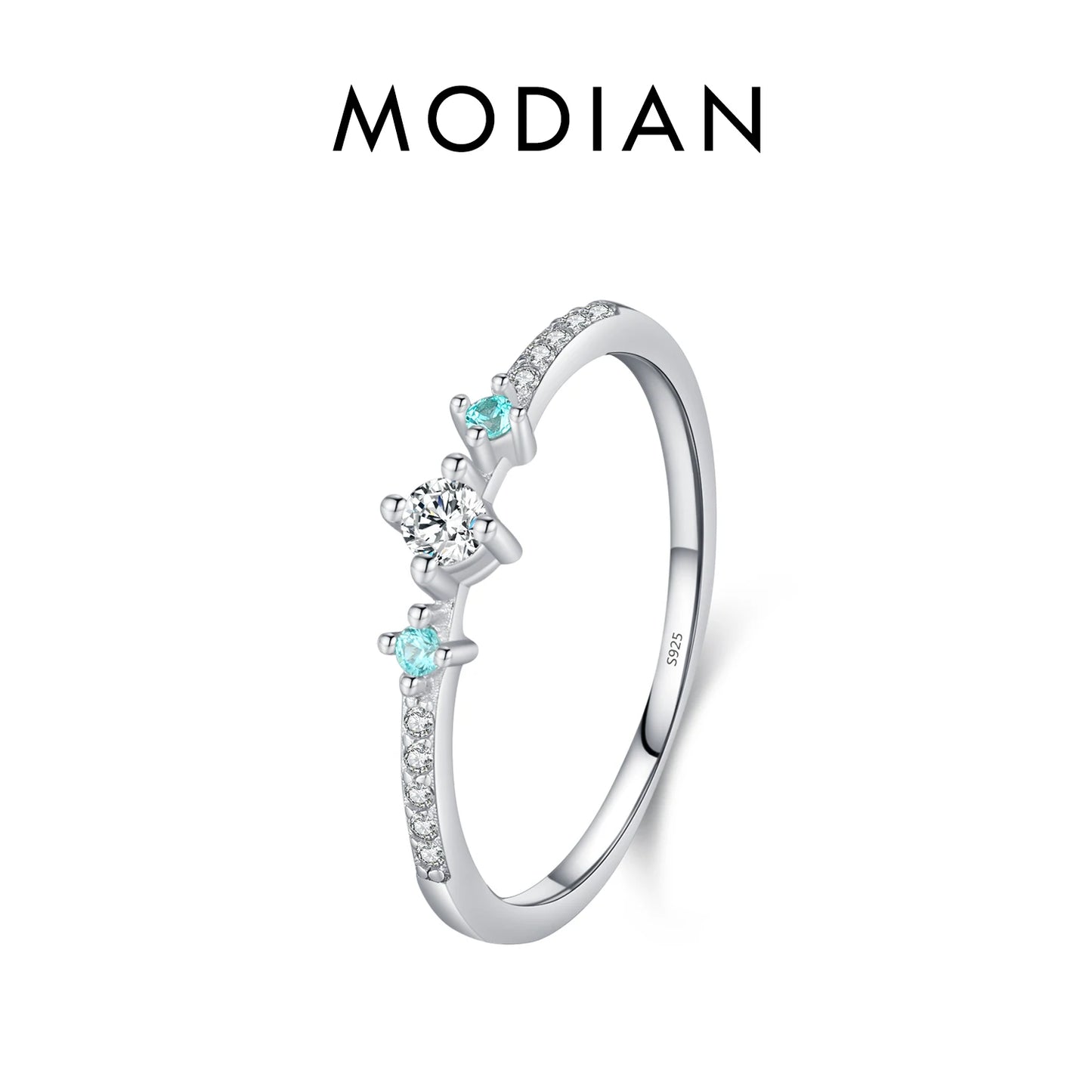 Anillo MODIAN de plata de ley 925 con circonita cúbica color Paraiba, apilable, color verde menta, para mujer, joyería fina