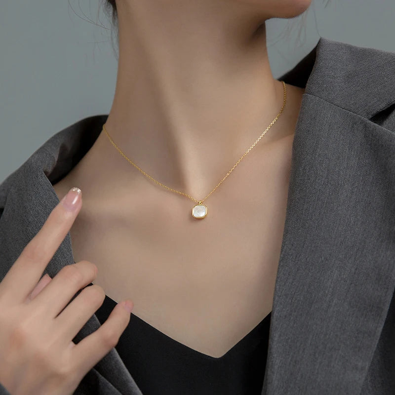 Collar de cadena con colgante cuadrado de concha dorada de auténtica plata de ley 925 de Modian para mujer, joyería fina