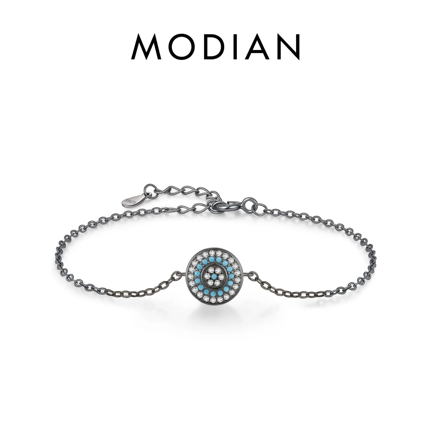 MODIAN 925 Sterling Silver Retro Synthetic Turquoise Geometric CZ Stars Palm Link Chain Bracelet For Women Punk Fine Jewelry